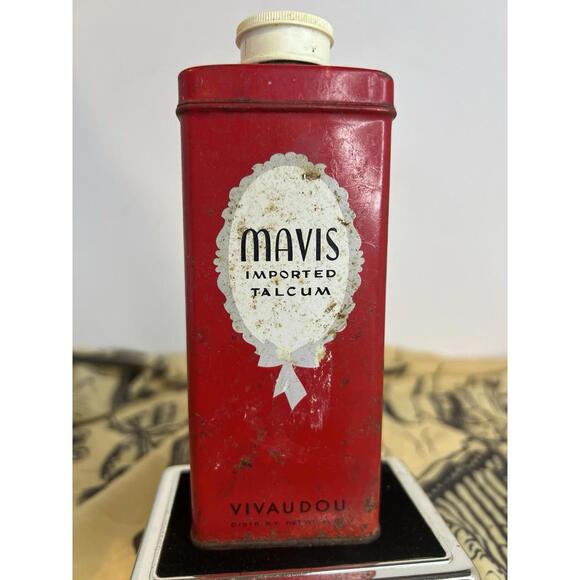 Vintage Mavis Talcum Powder Vivaudou French Red 3 1/4 oz Tin Container Vanity - Picture 1 of 4